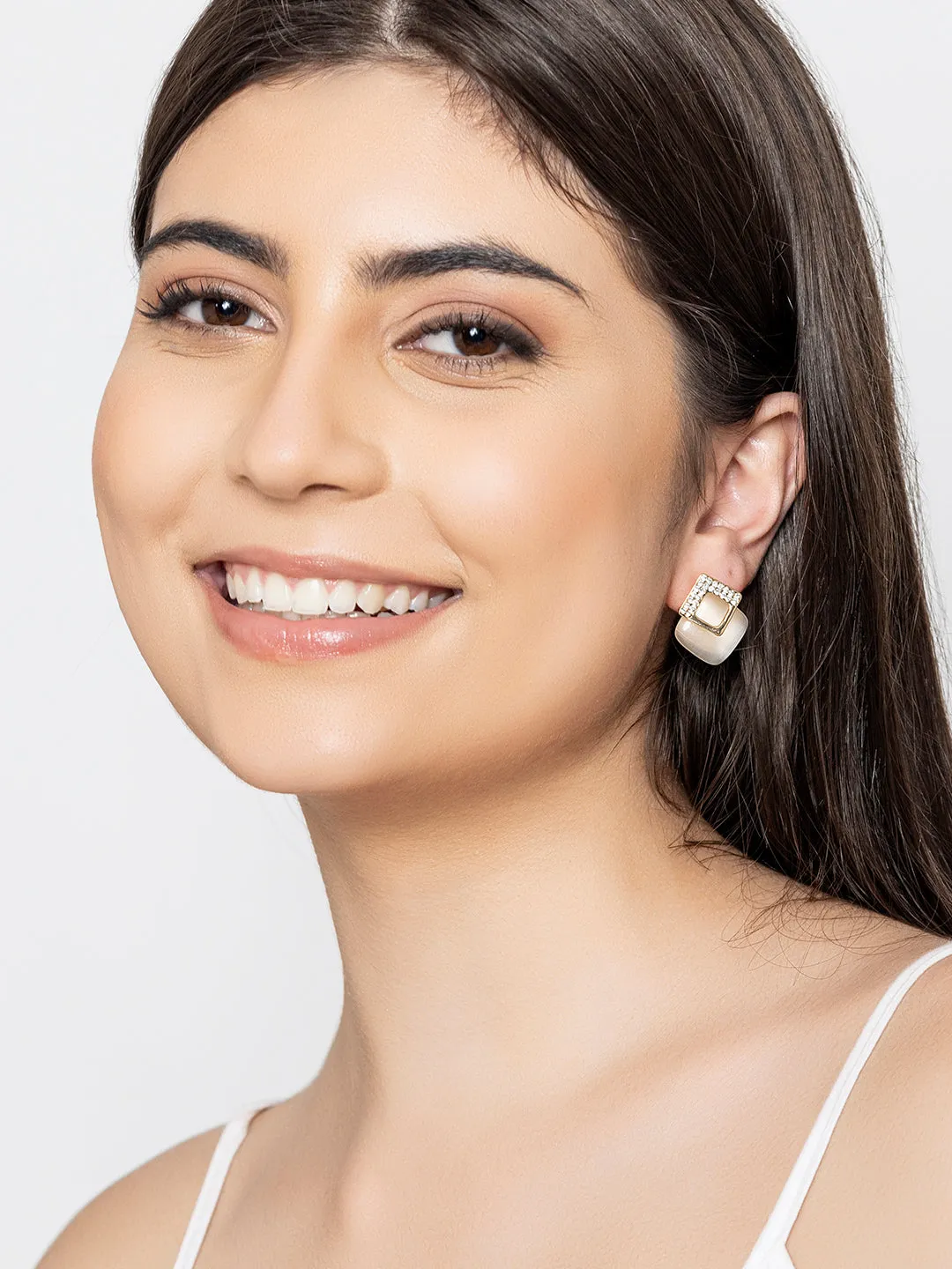 Beige Marble Stud Earrings with Rhinestones| Classy and Elegant Beige Stud Earrings