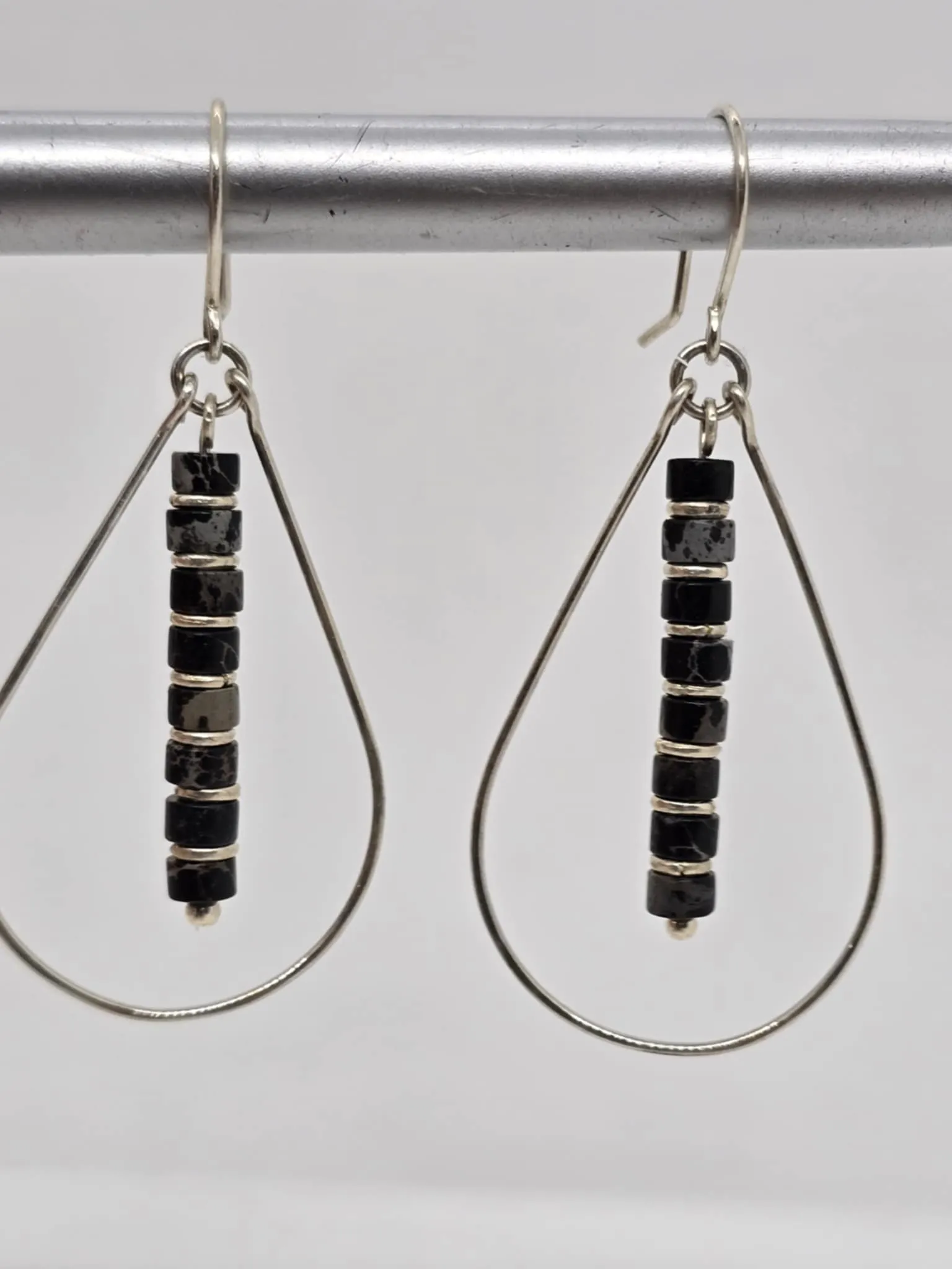 Black Jasper and Silver Teardrop Hoop Earrings (Sku8702)