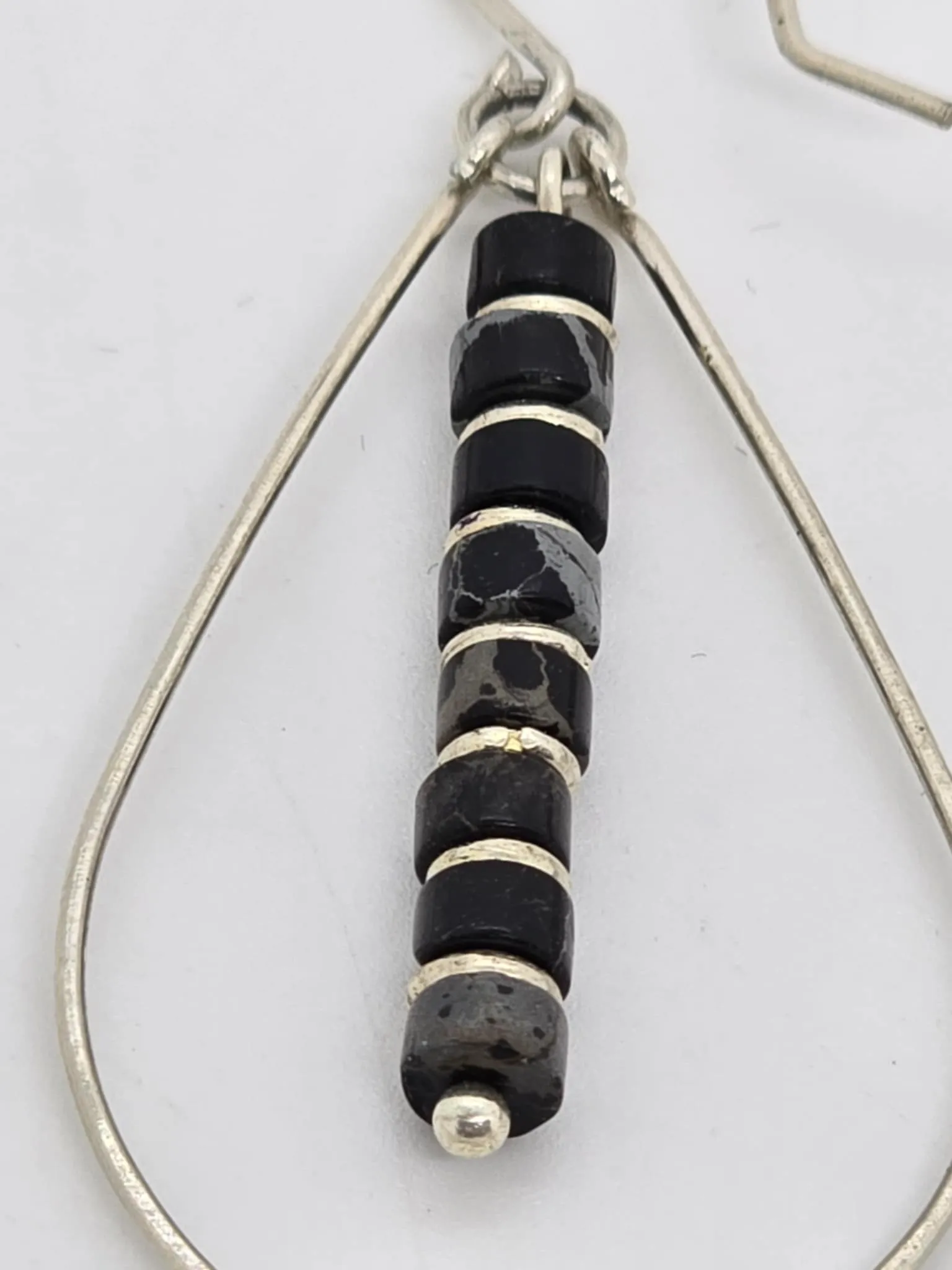 Black Jasper and Silver Teardrop Hoop Earrings (Sku8702)
