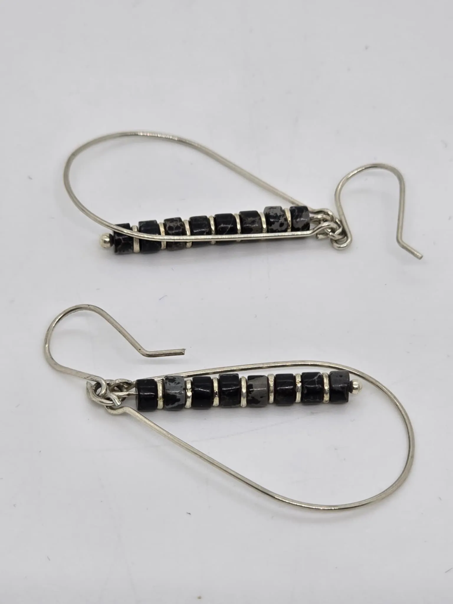 Black Jasper and Silver Teardrop Hoop Earrings (Sku8702)