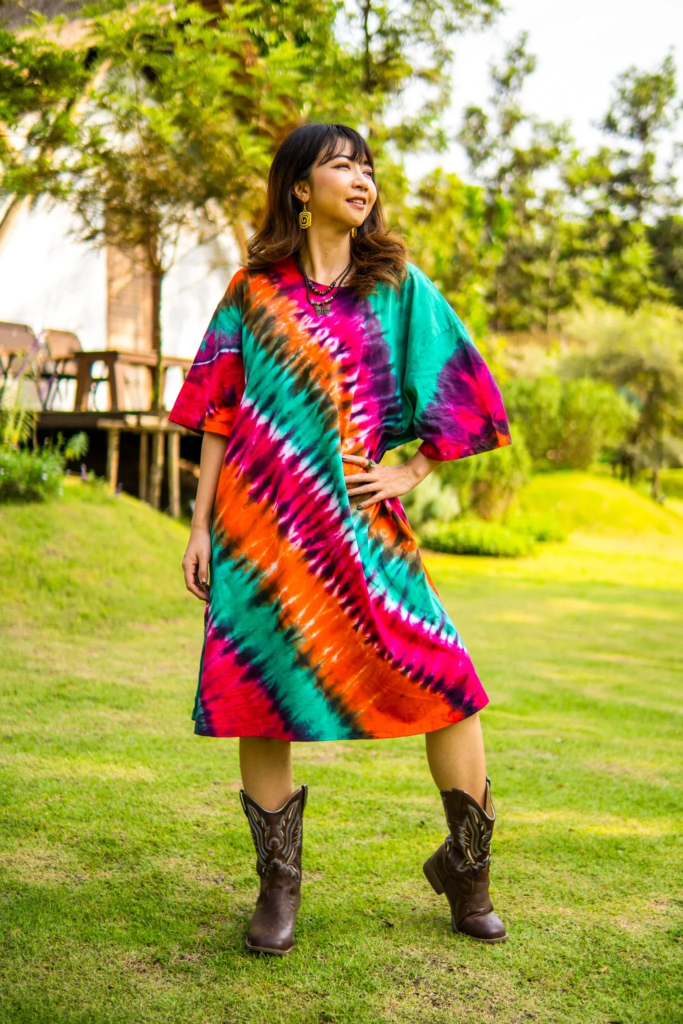 Boho Rainbow Hand Dyed Boho Cotton Dress with Pockets