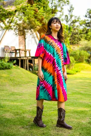 Boho Rainbow Hand Dyed Boho Cotton Dress with Pockets