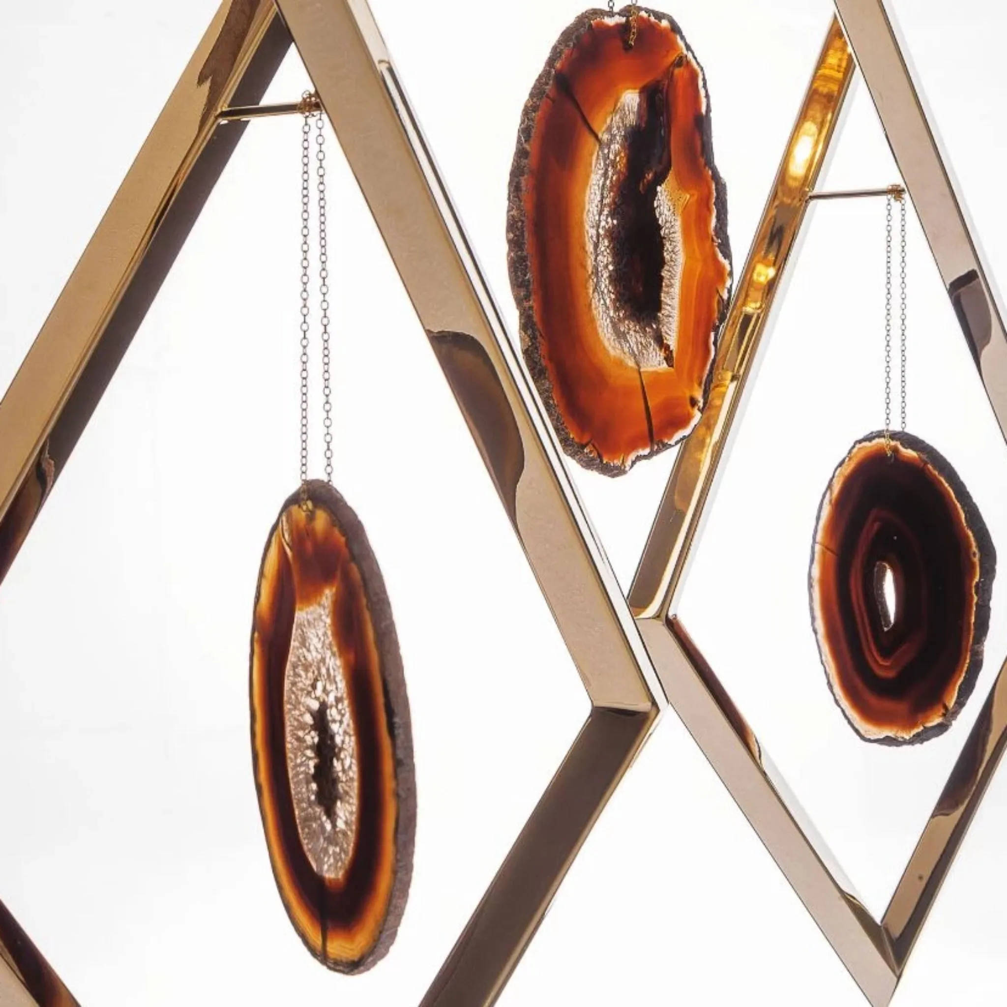 Brass Structural Ceiling Pendant With Natural Agate Pendants And An Ivory Shade