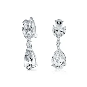 Bridal CZ Teardrop Dangle Clip-On Earrings for Prom Silver Plated Brass