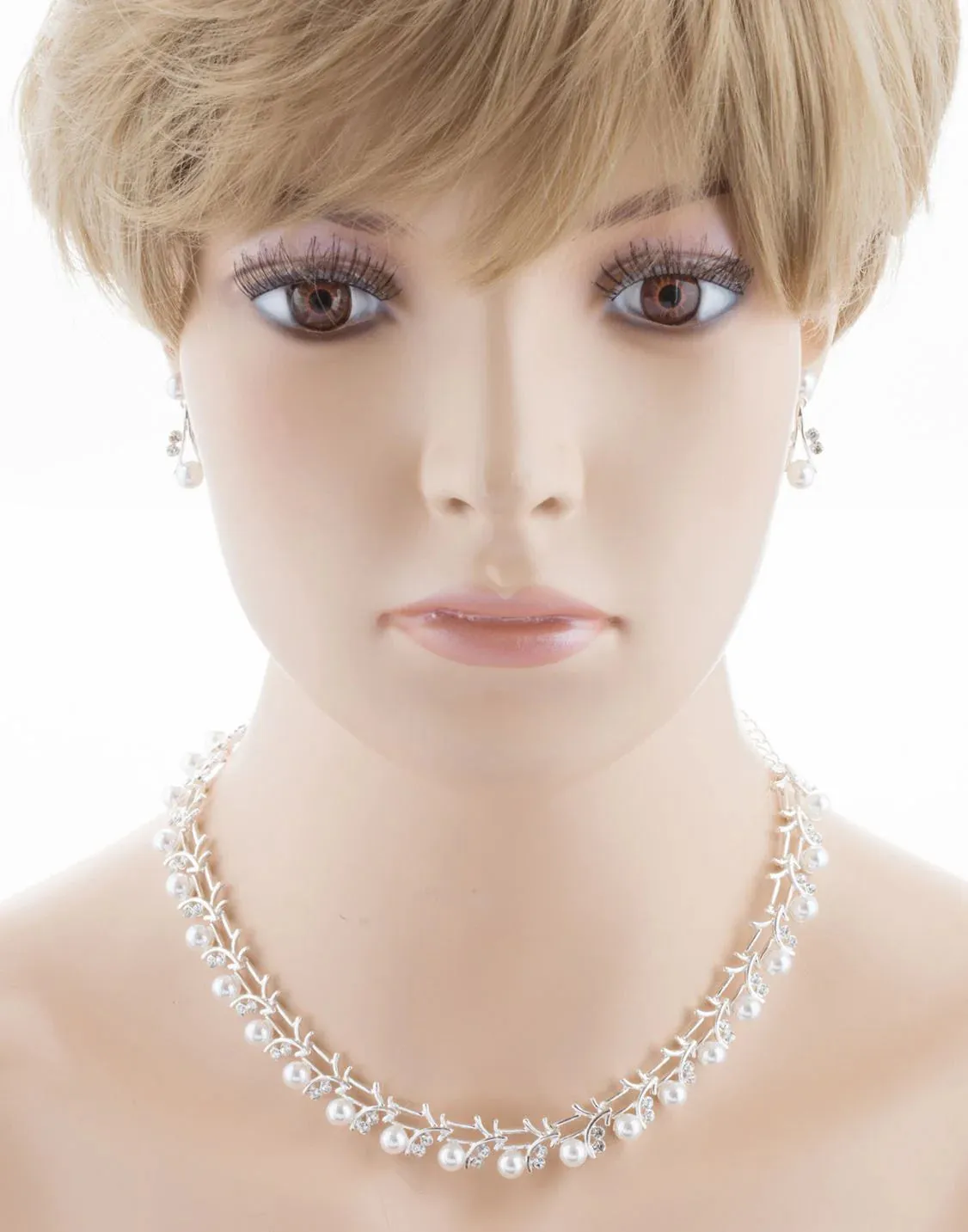 Bridal Wedding Jewelry Set Crystal Rhinestone Pearl Sophisticated Silver White