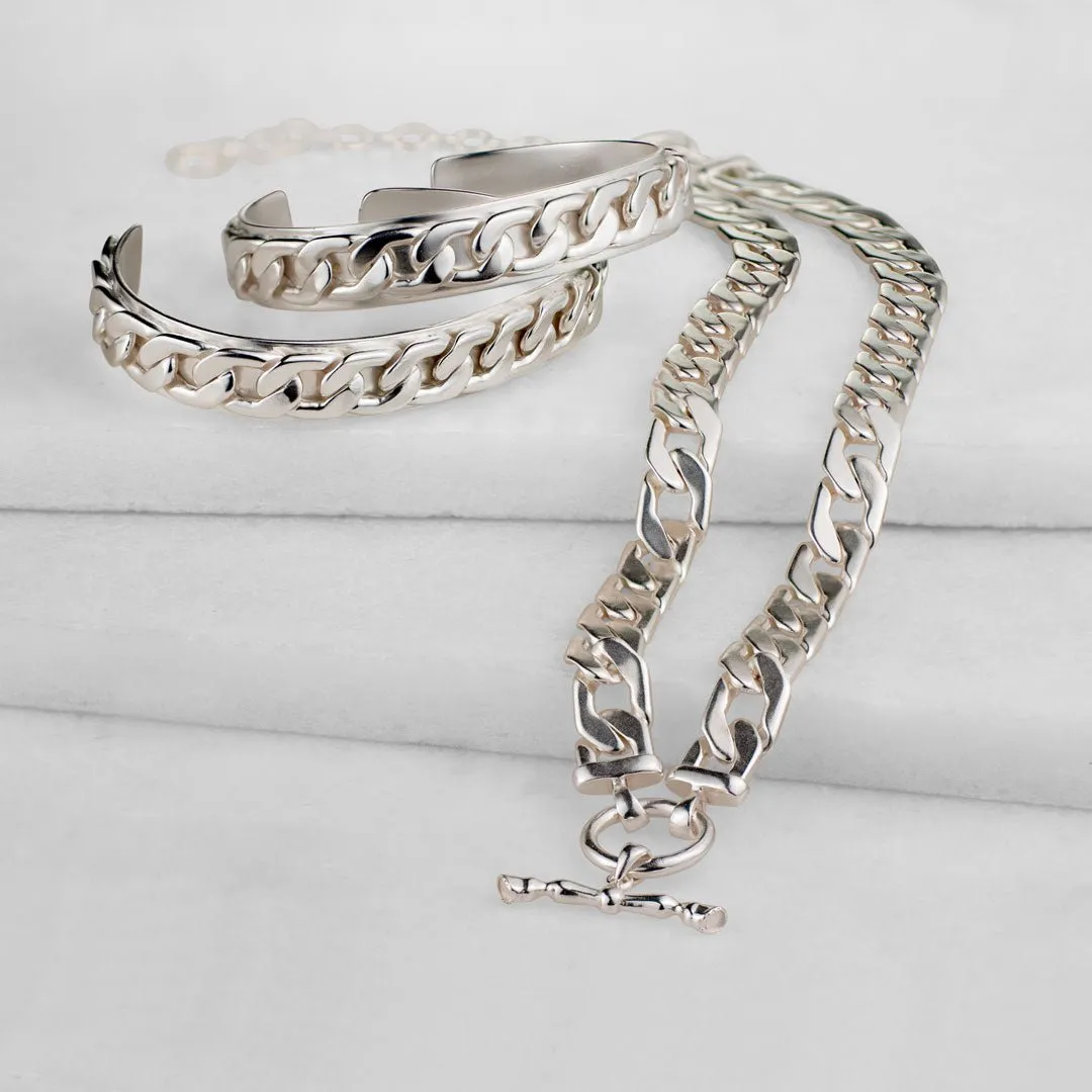 Camden - Flat and Wide Curb Chain Sterling Silver Cuff Bracelet