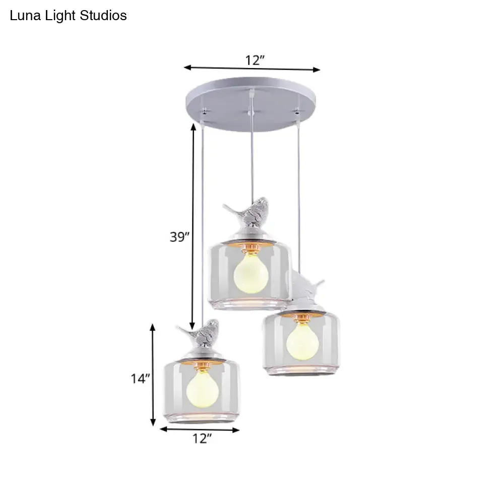 Clear Glass Pendant Lighting Nordic Style - 3 Bulbs, White Multi Light Ceiling Fixture with Resin Bird Top