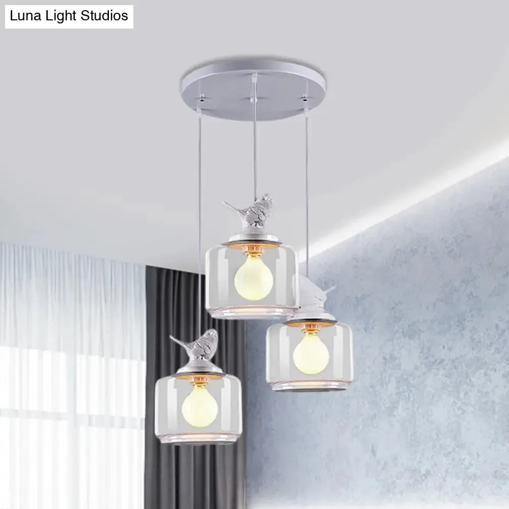 Clear Glass Pendant Lighting Nordic Style - 3 Bulbs, White Multi Light Ceiling Fixture with Resin Bird Top