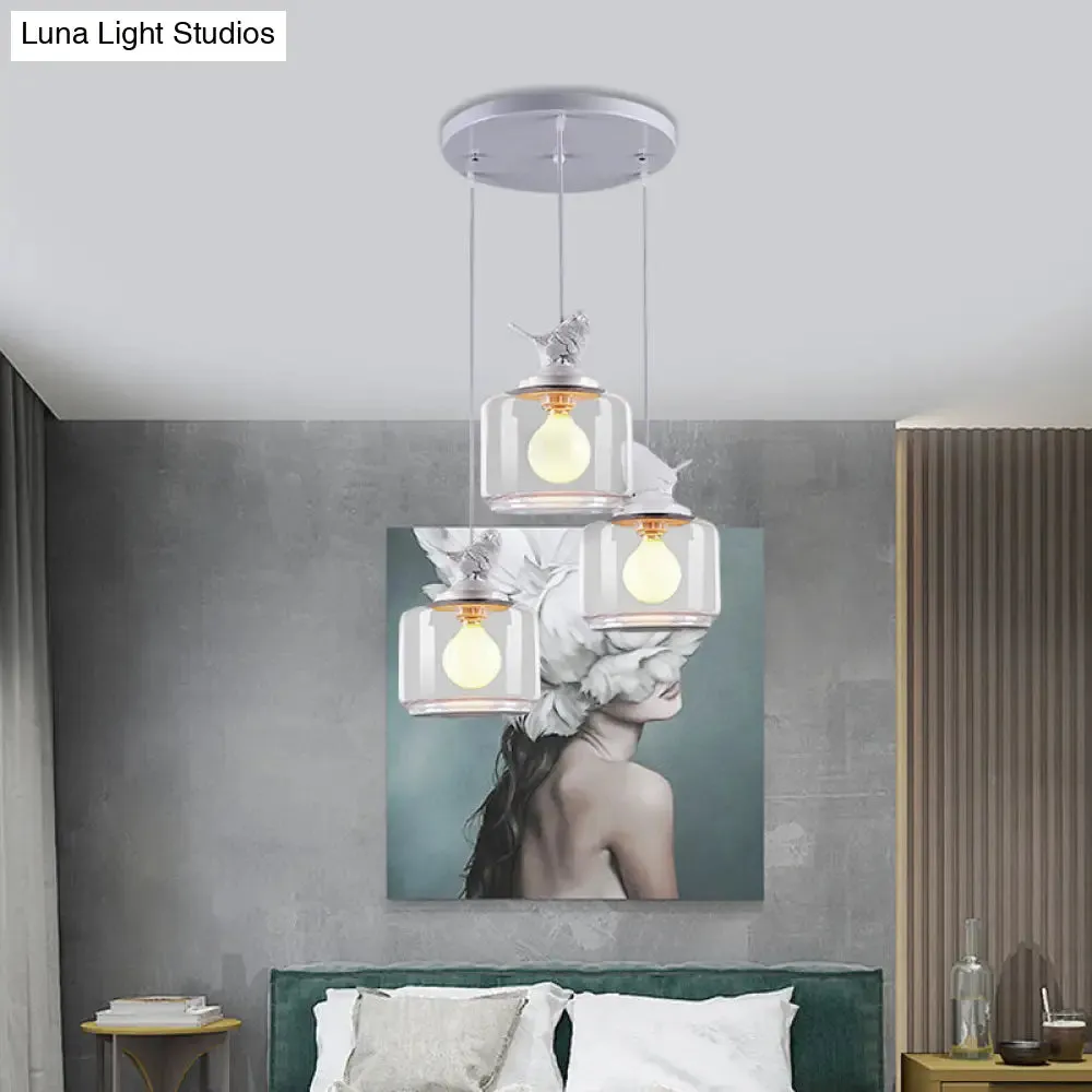 Clear Glass Pendant Lighting Nordic Style - 3 Bulbs, White Multi Light Ceiling Fixture with Resin Bird Top