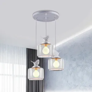 Clear Glass Pendant Lighting Nordic Style - 3 Bulbs, White Multi Light Ceiling Fixture with Resin Bird Top