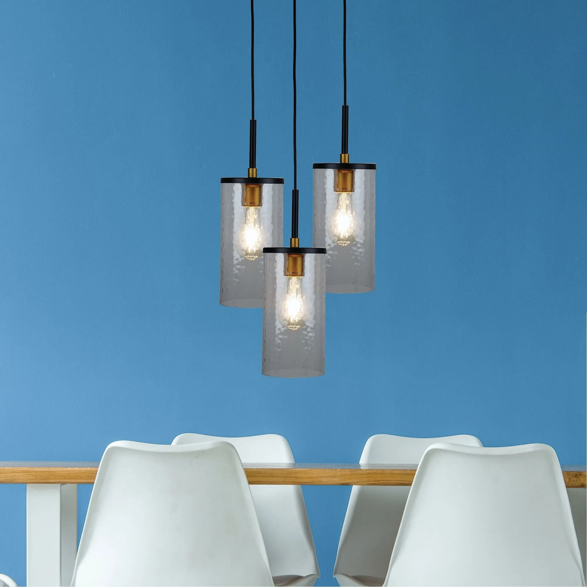 Clearance Oriel Lighting Raymont 3 Light Dropper Pendant Matt Black / Clear
