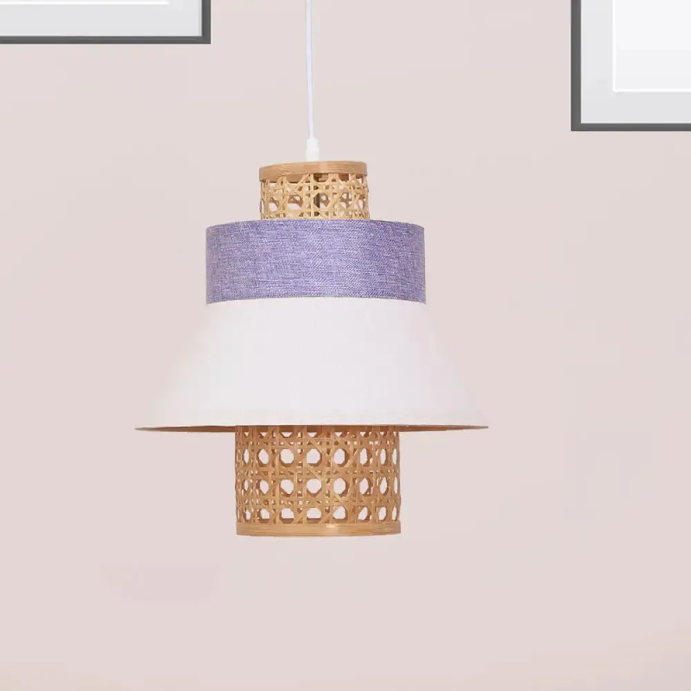 Contemporary Hanging Light Kit with Fabric Shade - Green/Purple/Light Purple Cylinder Suspension Pendant