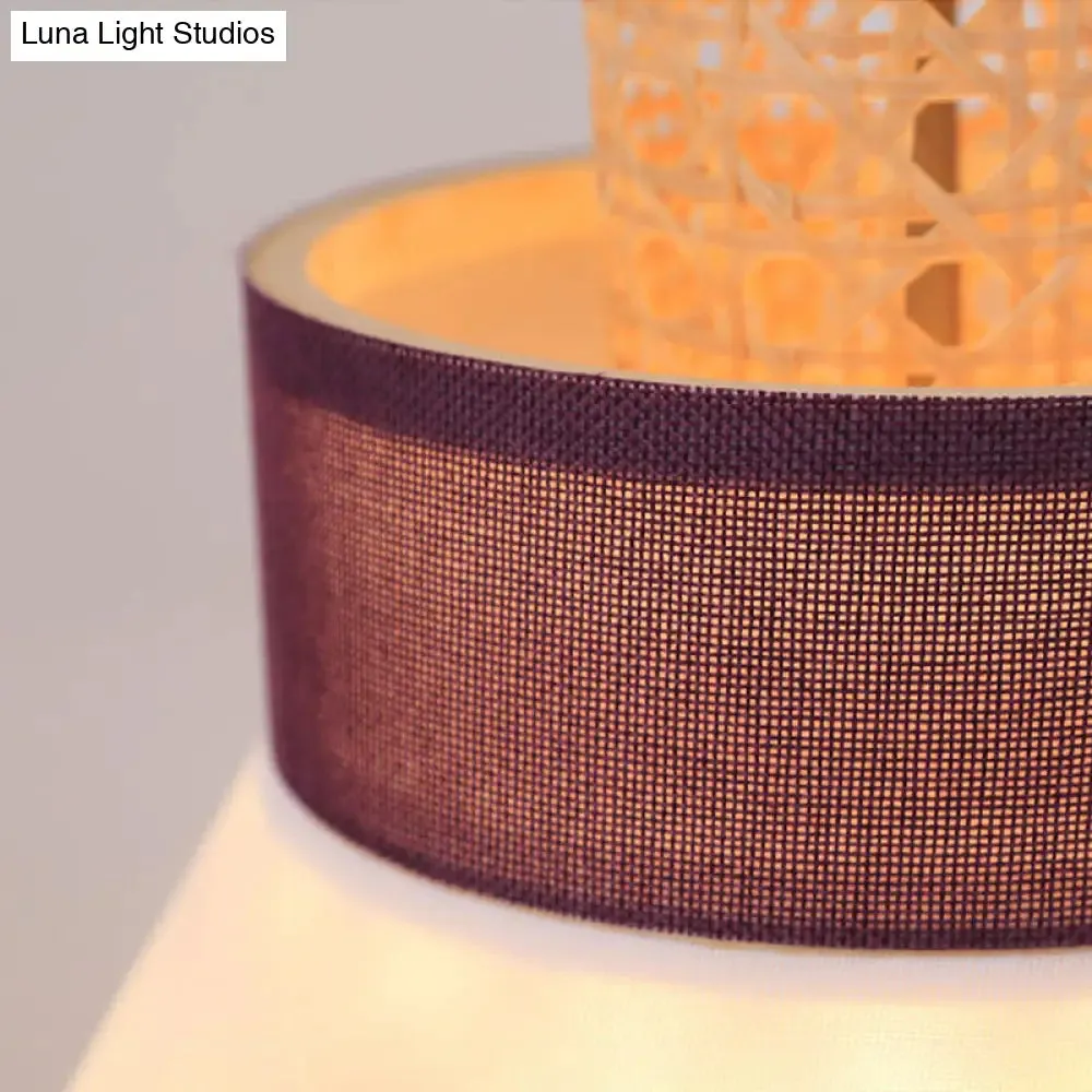 Contemporary Hanging Light Kit with Fabric Shade - Green/Purple/Light Purple Cylinder Suspension Pendant