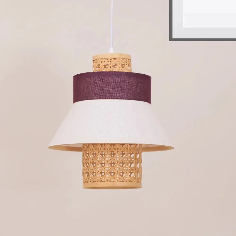 Contemporary Hanging Light Kit with Fabric Shade - Green/Purple/Light Purple Cylinder Suspension Pendant
