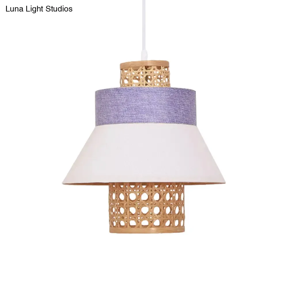 Contemporary Hanging Light Kit with Fabric Shade - Green/Purple/Light Purple Cylinder Suspension Pendant