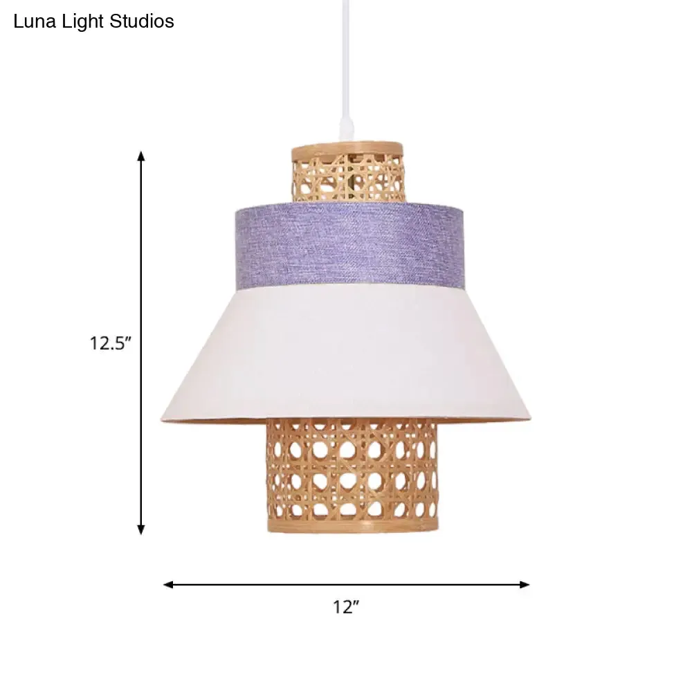 Contemporary Hanging Light Kit with Fabric Shade - Green/Purple/Light Purple Cylinder Suspension Pendant