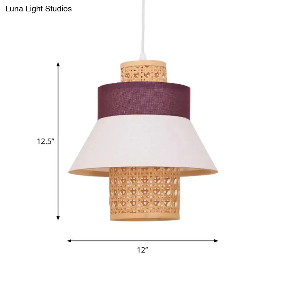 Contemporary Hanging Light Kit with Fabric Shade - Green/Purple/Light Purple Cylinder Suspension Pendant