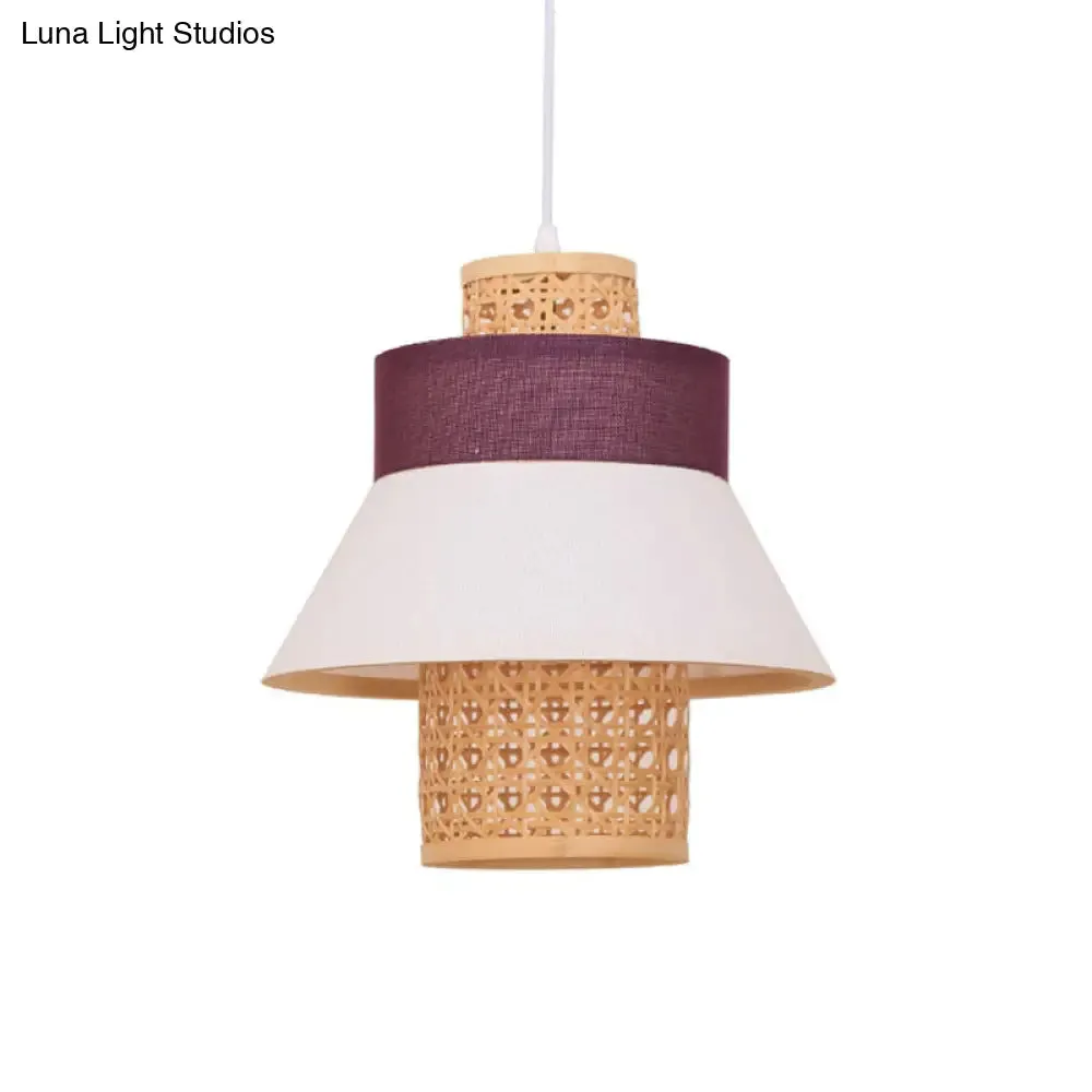 Contemporary Hanging Light Kit with Fabric Shade - Green/Purple/Light Purple Cylinder Suspension Pendant