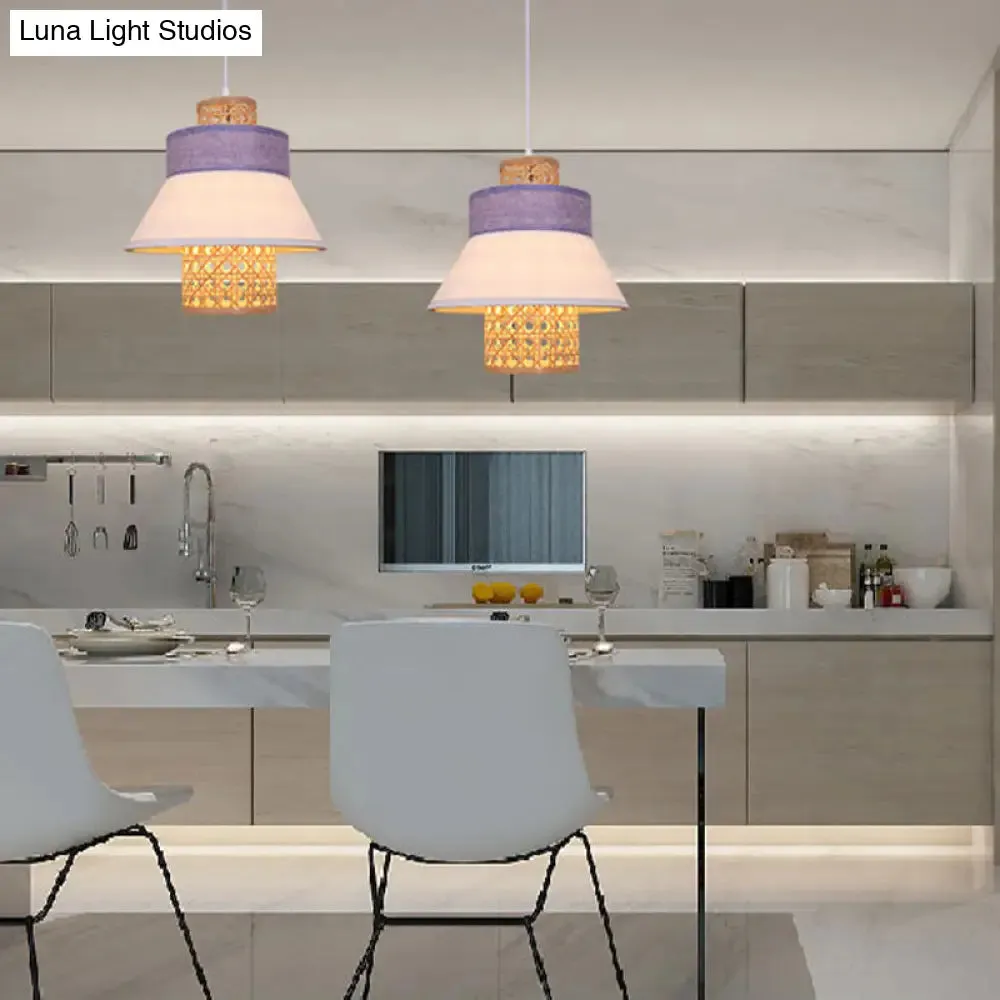 Contemporary Hanging Light Kit with Fabric Shade - Green/Purple/Light Purple Cylinder Suspension Pendant
