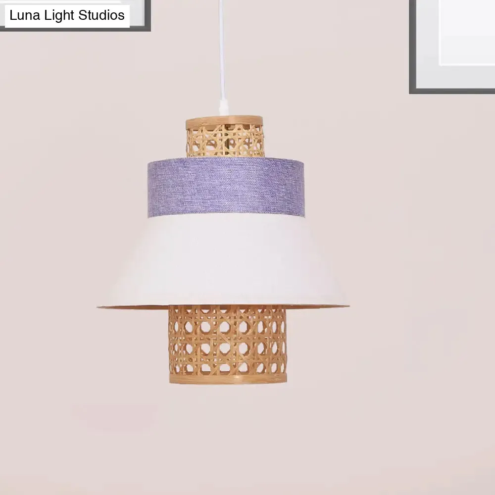 Contemporary Hanging Light Kit with Fabric Shade - Green/Purple/Light Purple Cylinder Suspension Pendant
