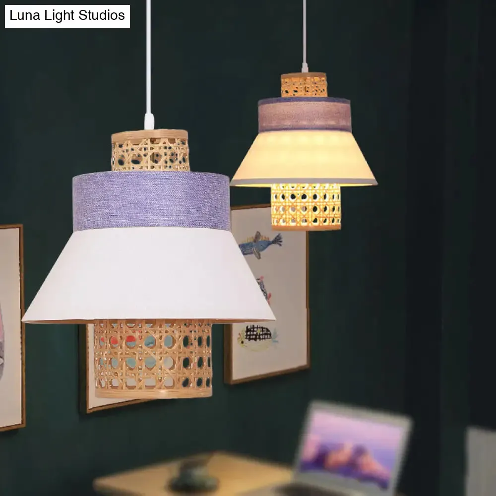 Contemporary Hanging Light Kit with Fabric Shade - Green/Purple/Light Purple Cylinder Suspension Pendant