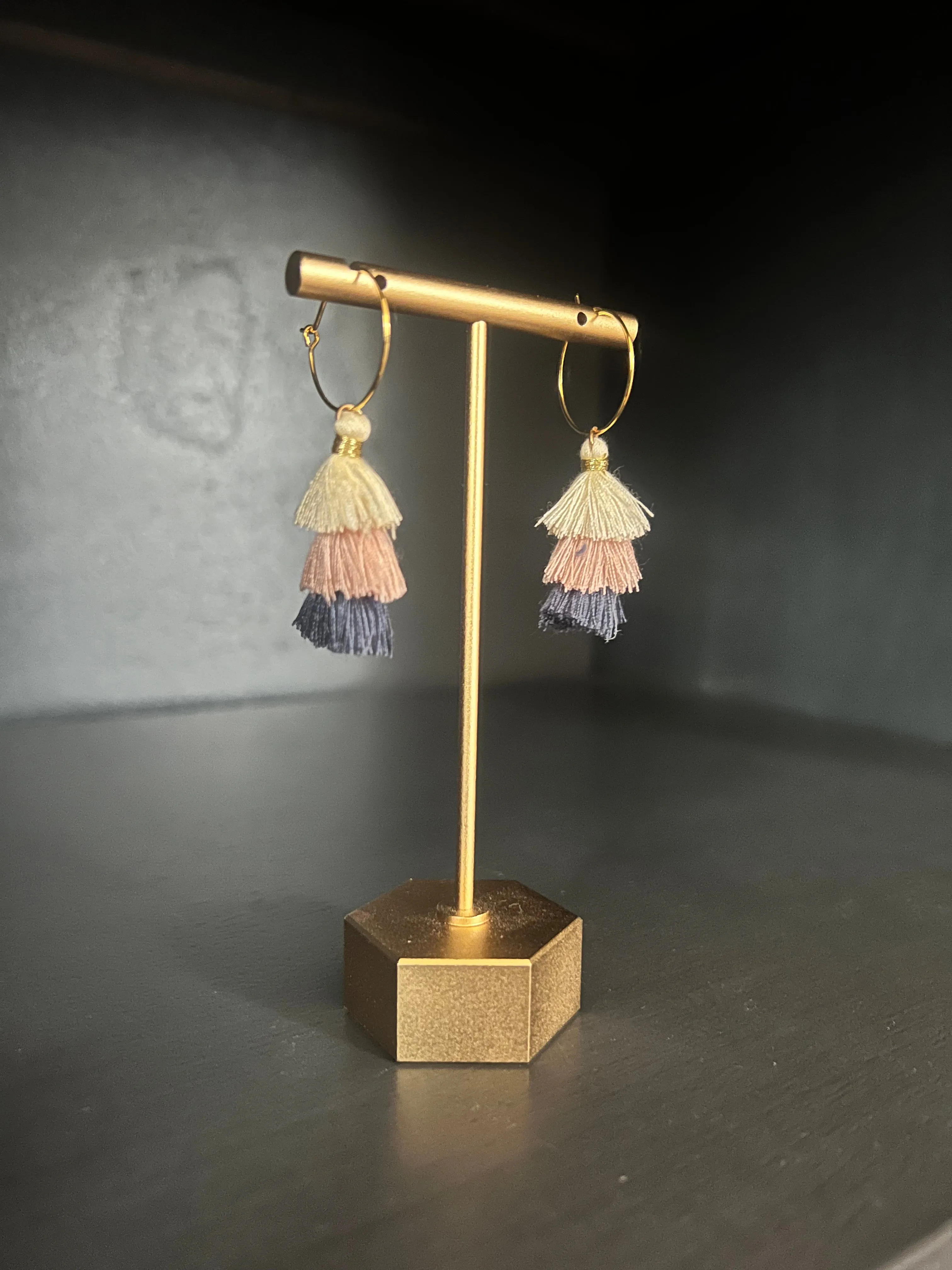 Cream, Pink & Blue Tassel Earrings
