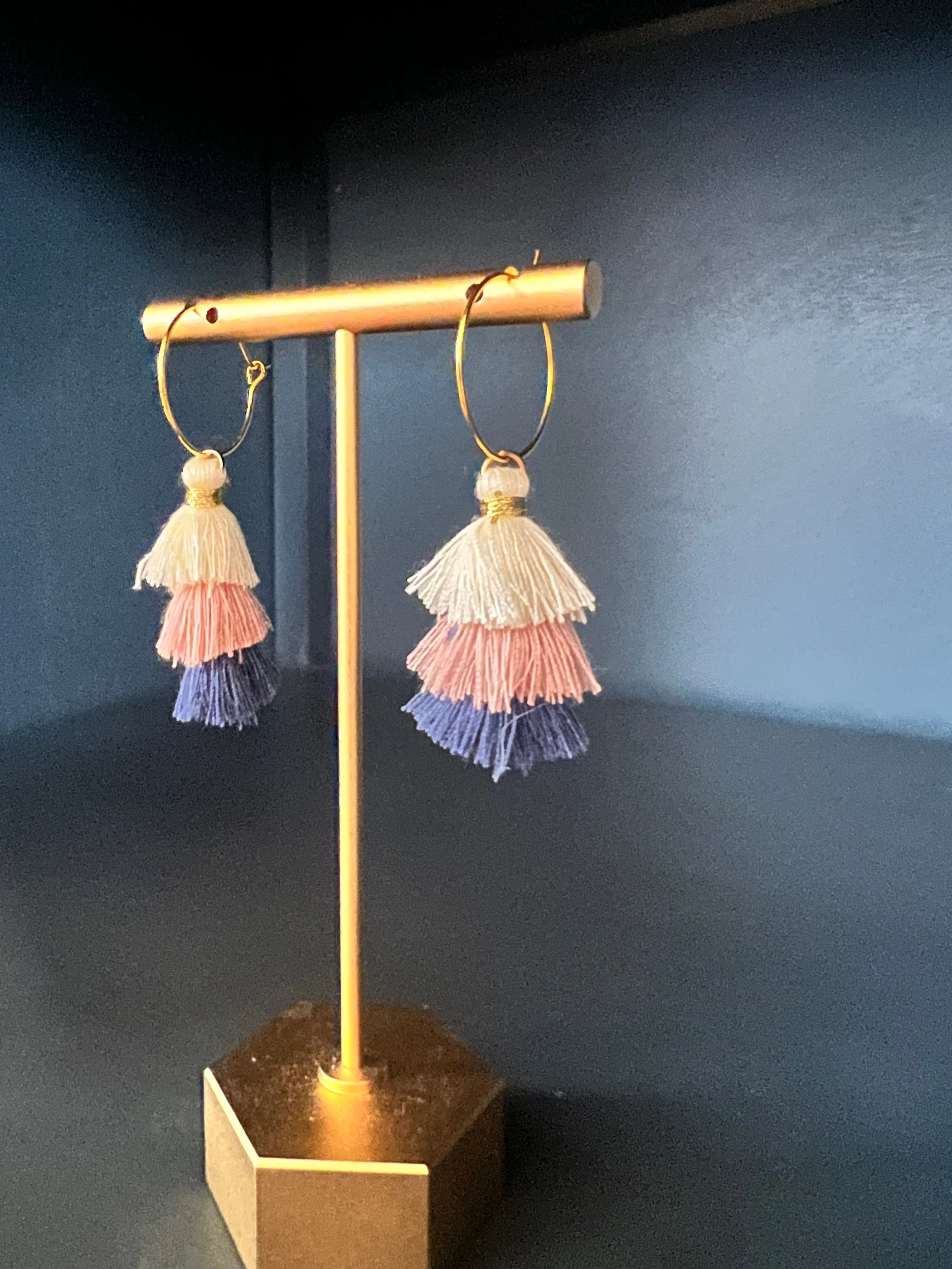Cream, Pink & Blue Tassel Earrings