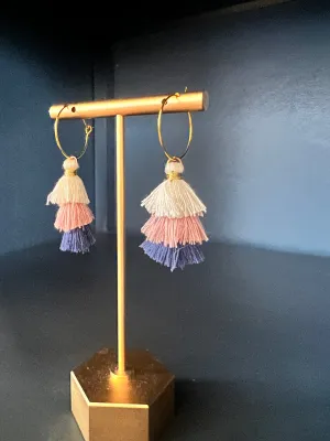 Cream, Pink & Blue Tassel Earrings
