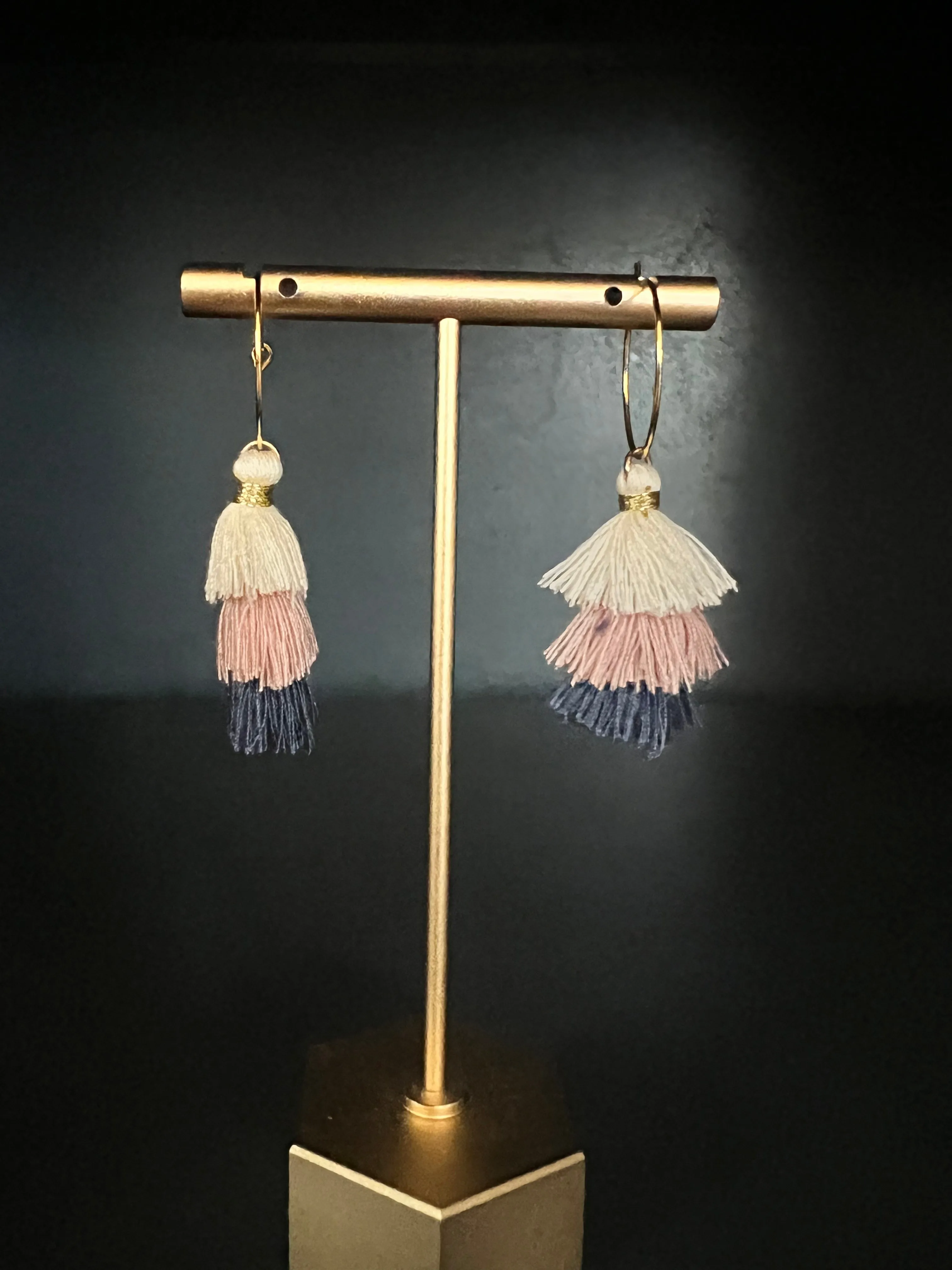 Cream, Pink & Blue Tassel Earrings