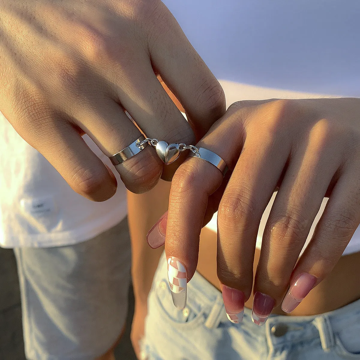 Custom Magnetic Half Hearts Couple Rings Set