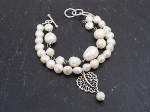 Double Strand Pearl Bracelet w/ Leaf Dangle