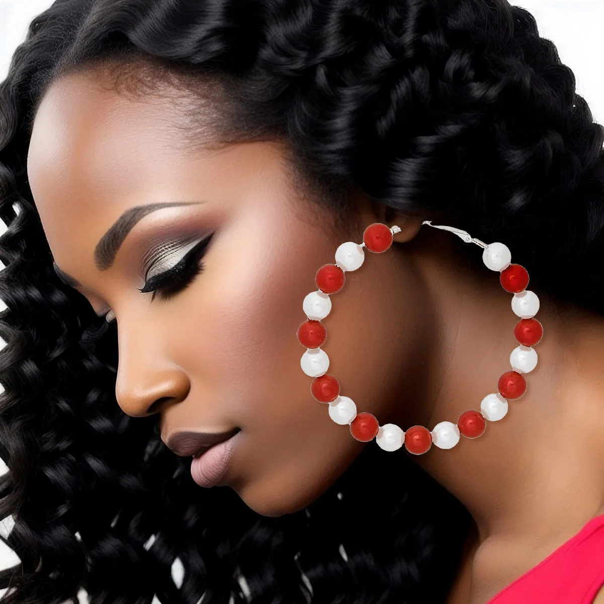 DST Delta Sigma Theta Sorority Inspired Earrings Red White Pearl Hoops for Women