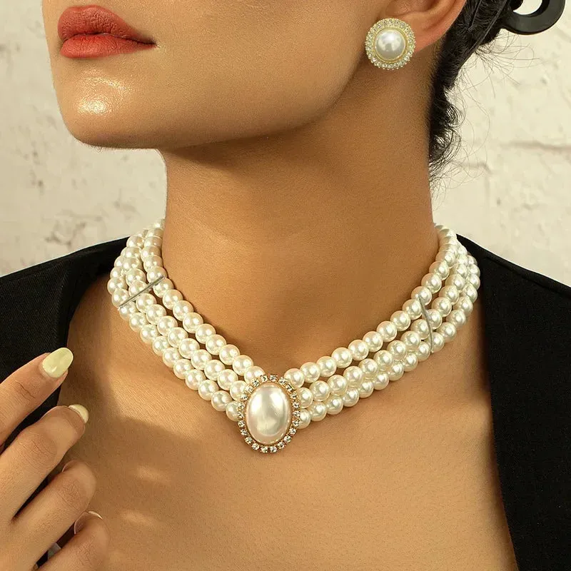 Elegant Pearl Necklaces and Earrings Choker Jewelry Set