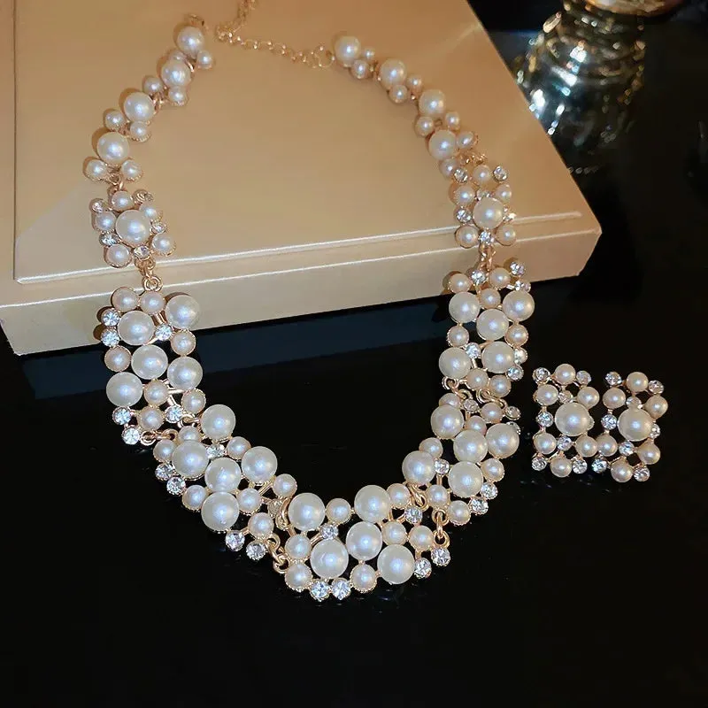 Elegant Pearl Necklaces and Earrings Choker Jewelry Set