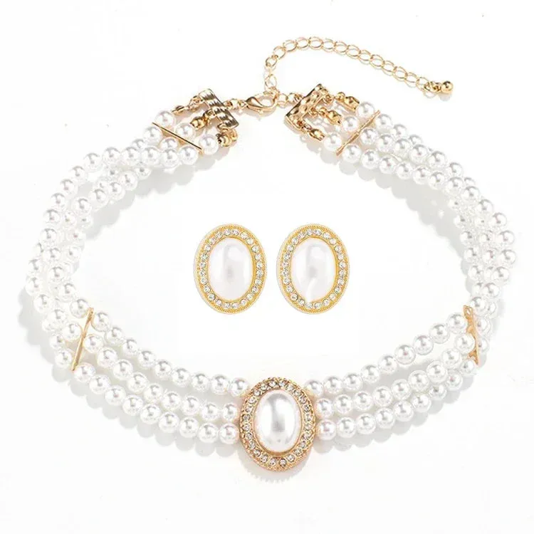 Elegant Pearl Necklaces and Earrings Choker Jewelry Set