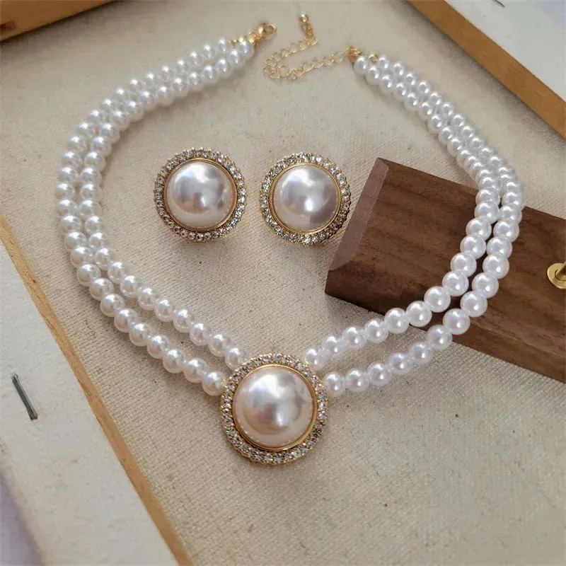 Elegant Pearl Necklaces and Earrings Choker Jewelry Set