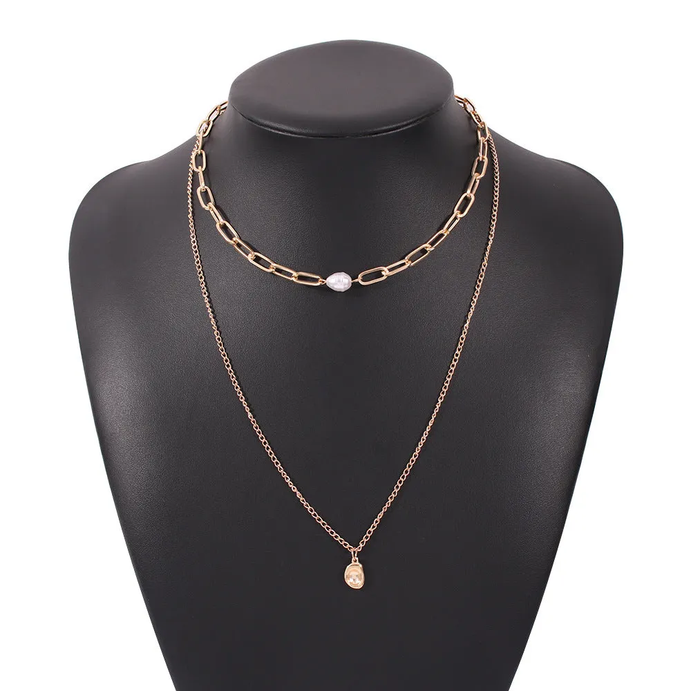 Elegant pearl pendant multi-layer creative texture clavicle chain