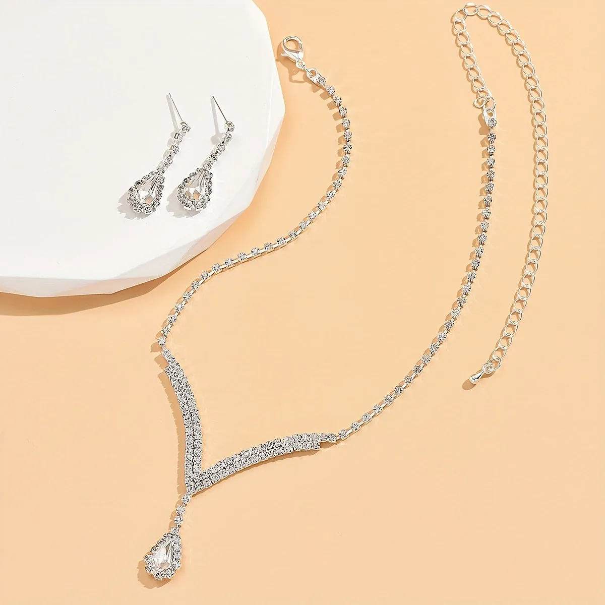Elegant Water Drop Rhinestone Necklace  Earrings Set