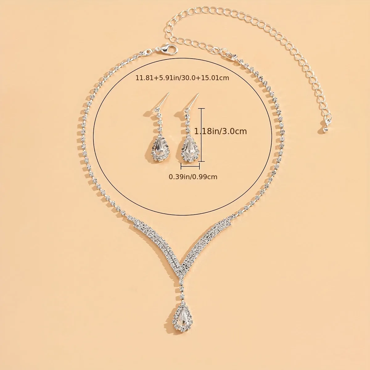 Elegant Water Drop Rhinestone Necklace  Earrings Set