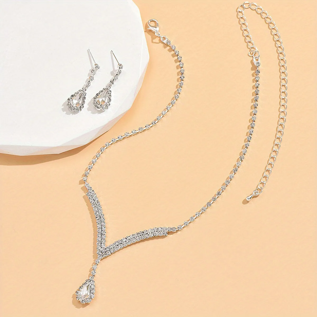 Elegant Water Drop Rhinestone Necklace  Earrings Set