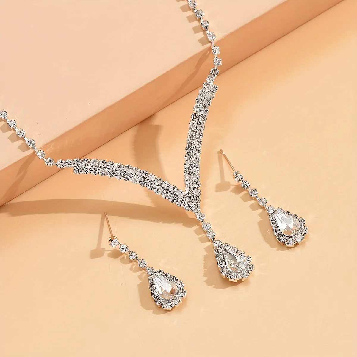 Elegant Water Drop Rhinestone Necklace  Earrings Set
