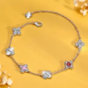 Engraved Four-Leaf Clover Custom Birthstone Bracelet with Name