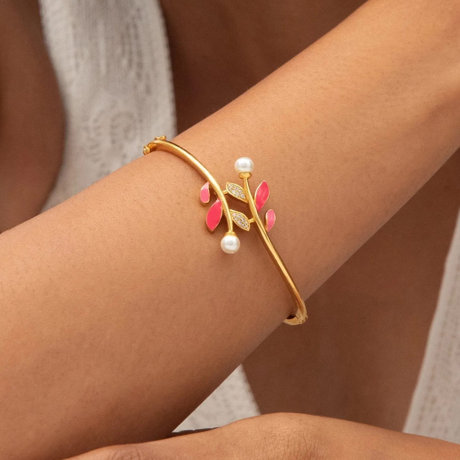 Eriha Pearl CZ Pink Leaf Cuff Bracelet