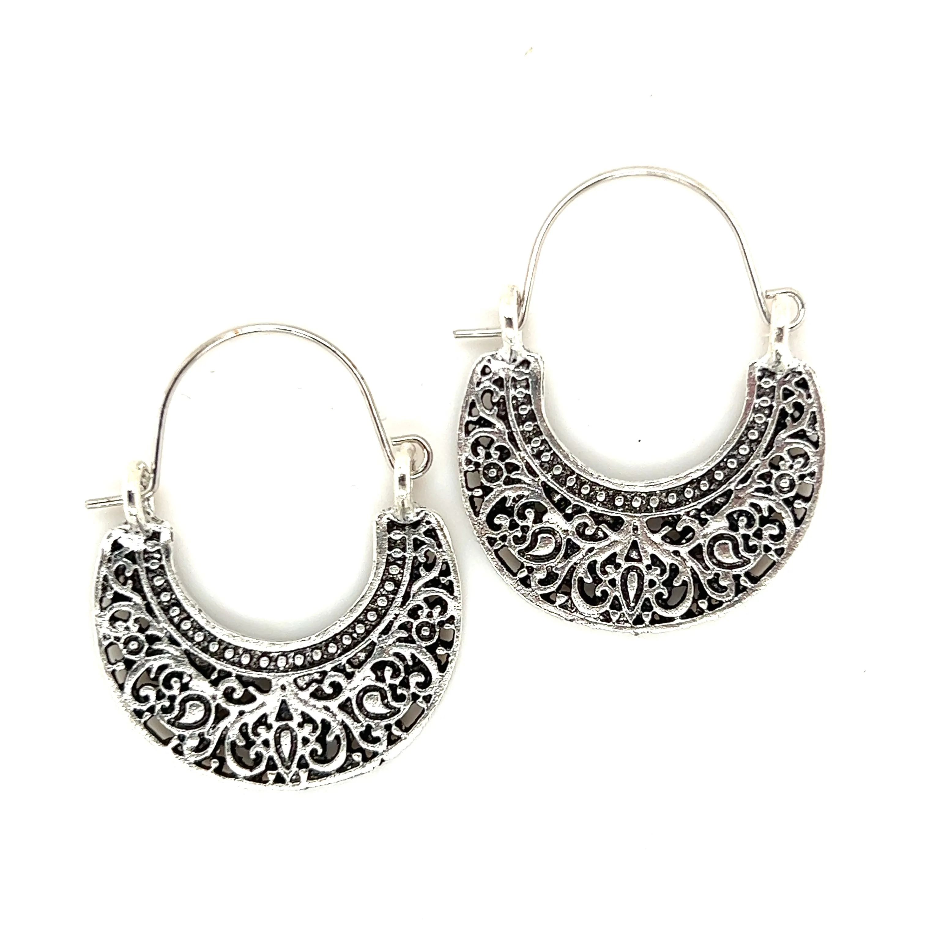 Filagree Hinge Half Hoop Swaying Silver Tone Earrings
