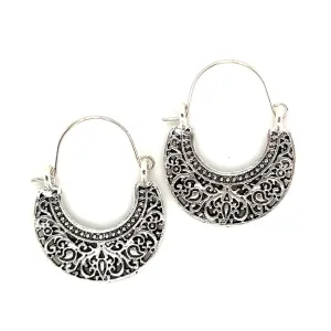 Filagree Hinge Half Hoop Swaying Silver Tone Earrings