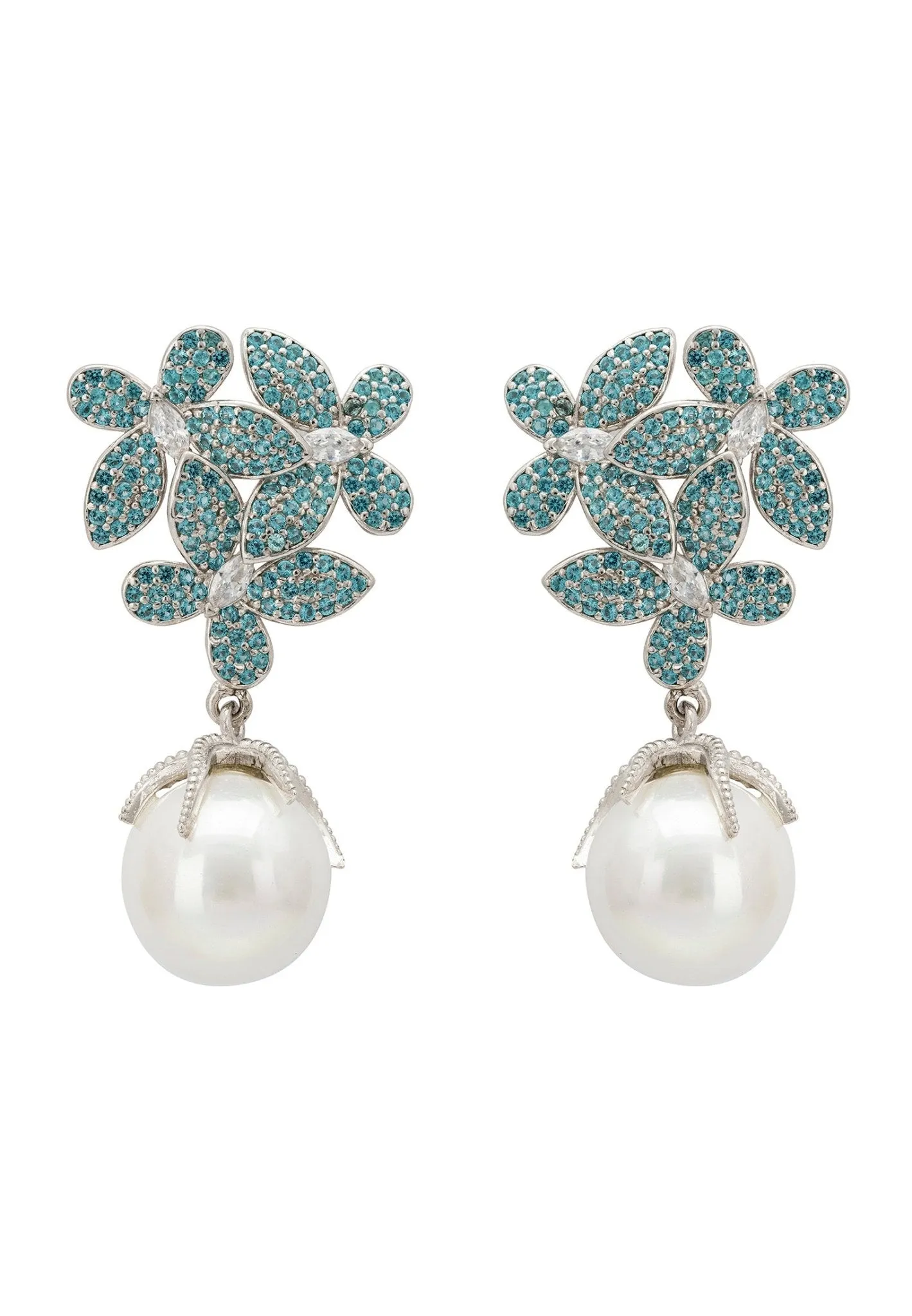 Flowers Pearl Earrings in Aqua Blue Silver