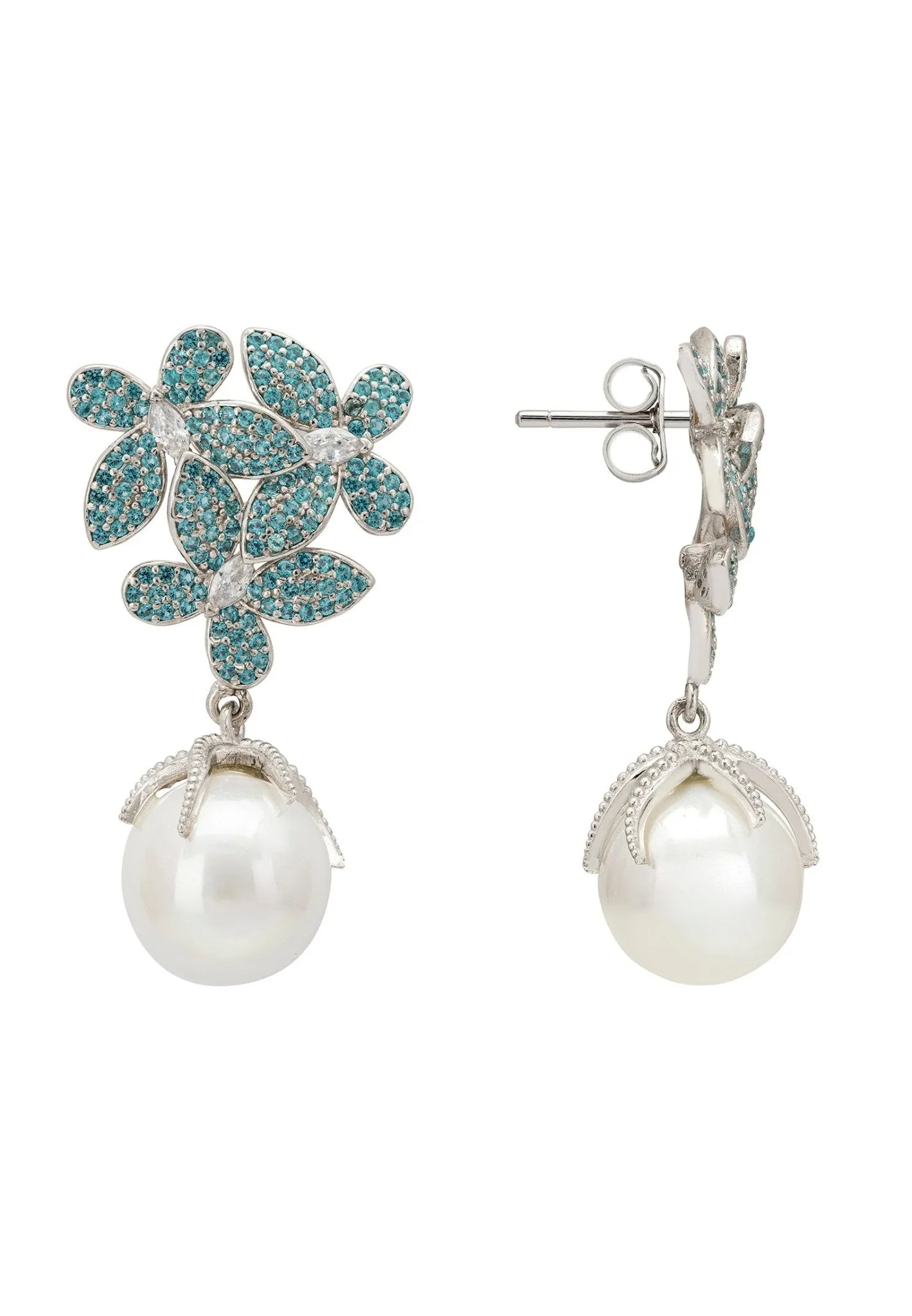 Flowers Pearl Earrings in Aqua Blue Silver