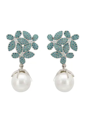 Flowers Pearl Earrings in Aqua Blue Silver