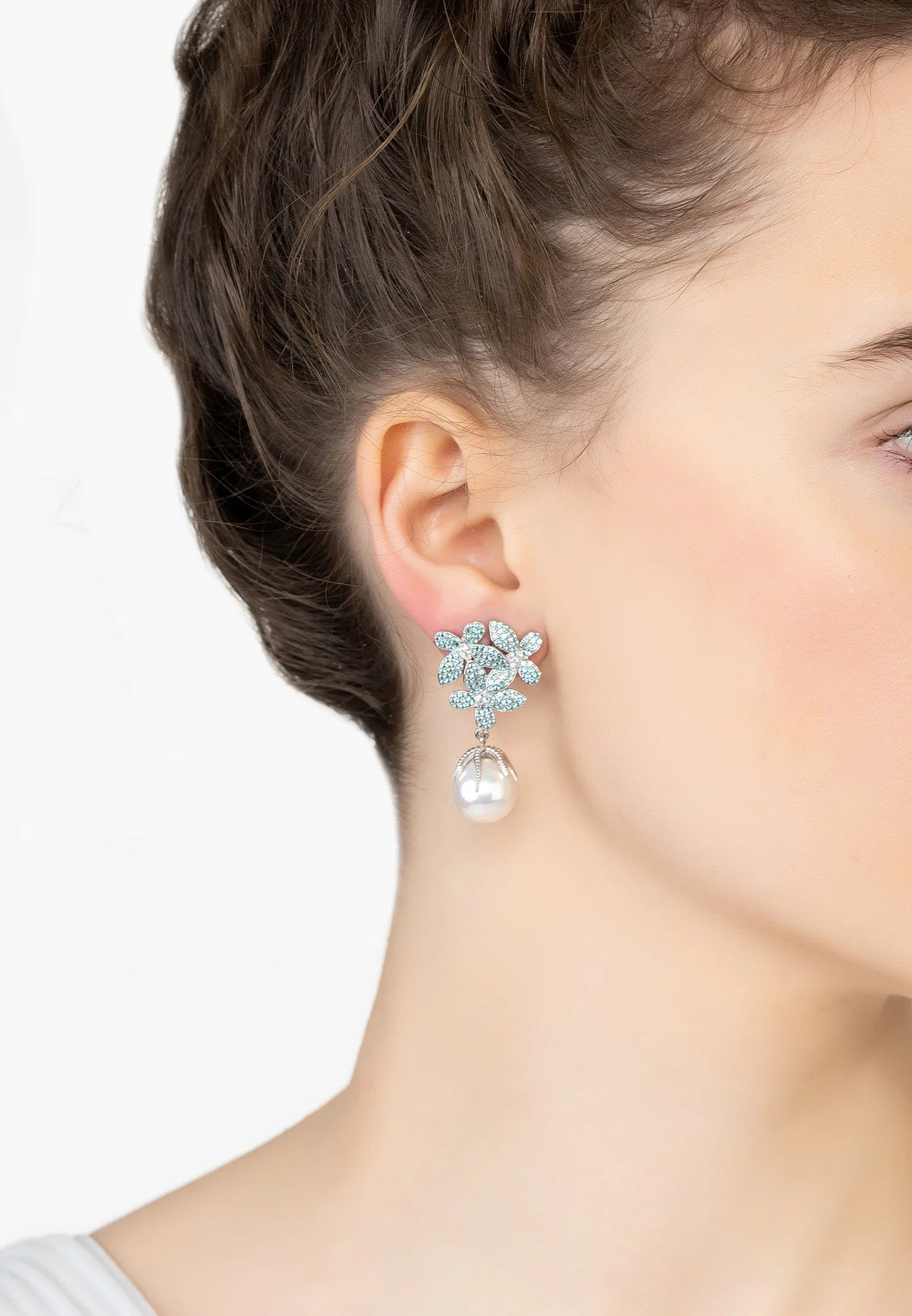 Flowers Pearl Earrings in Aqua Blue Silver