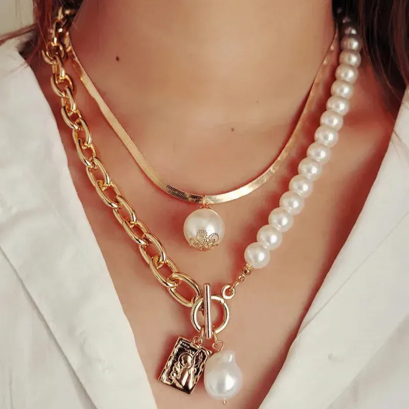 Geometric Chain Girls Vintage Pearl Statement Accessories Fashion Necklace